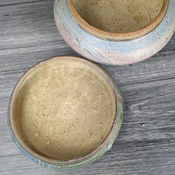 Vintage Artist Signed Pottery Large Stoneware Bowl w Lid Abstract Pastel Glaze - Picture 11 of 14